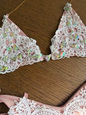 Pink Lace Applique Bikini Set with Iridescent Accents